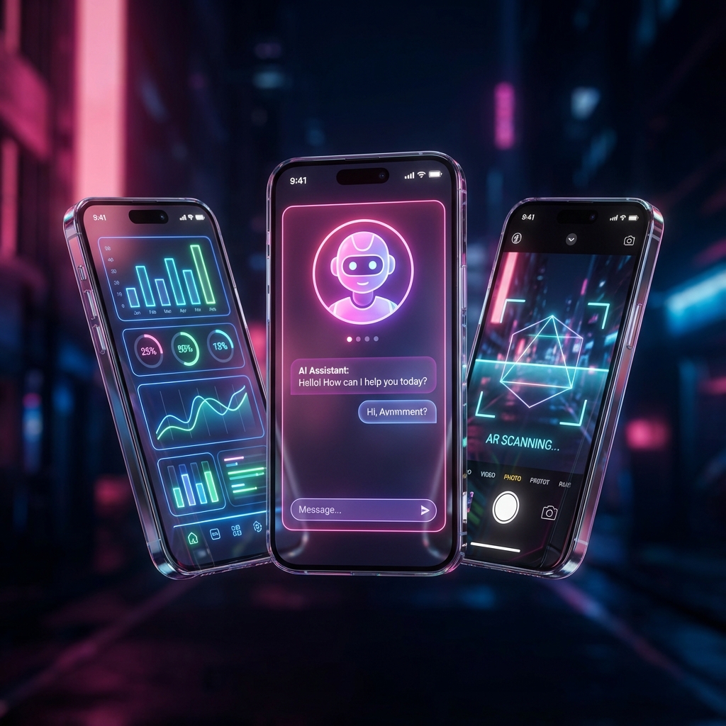 Futuristic AI Apps on Three Phones